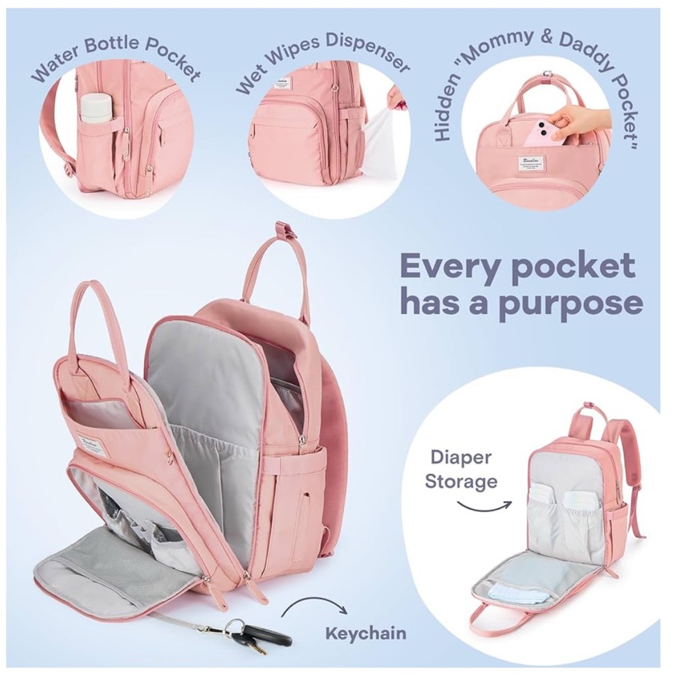 Pink Diaper Backpack with Multiple Pockets